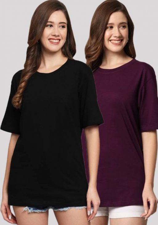 Pack of 2 Women Solid Round Neck Cotton Blend Black, Purple T-Shirt